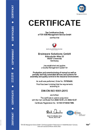 Brainware Solutions GmbH – Certified quality management system according to DIN EN ISO 9001:2015