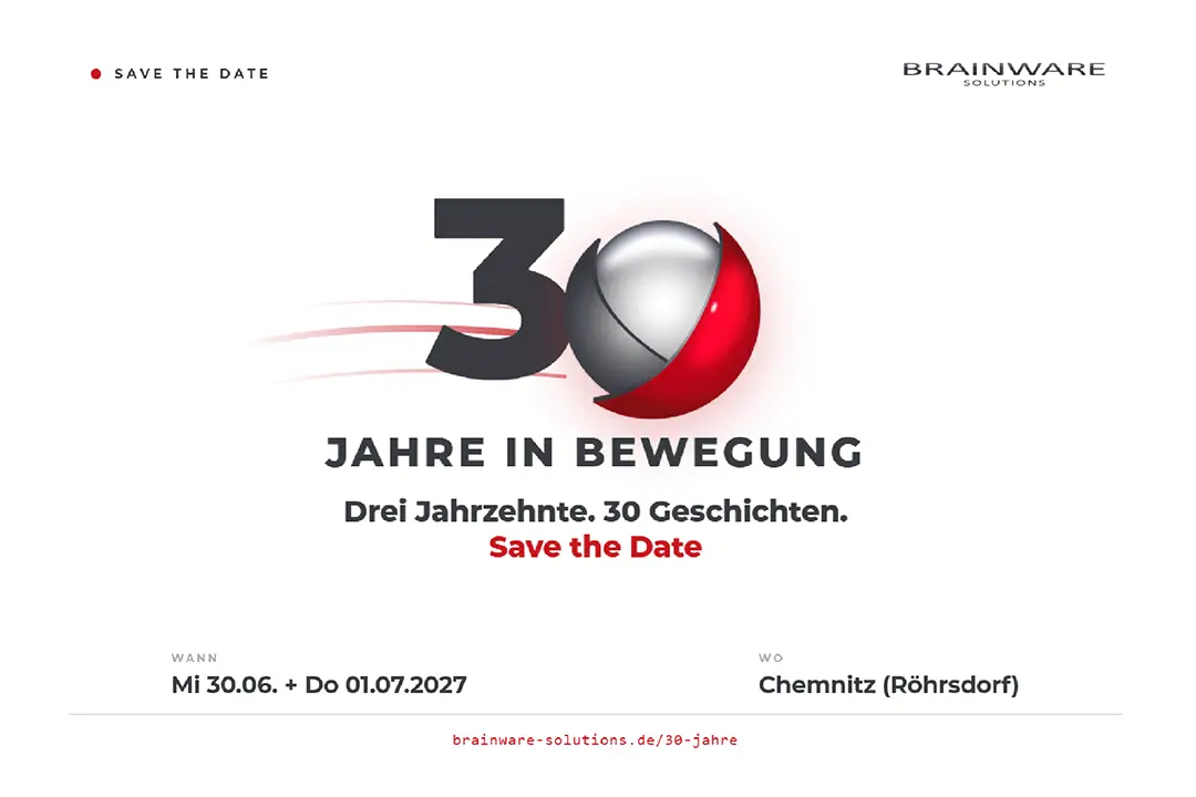 Save-the-Date-Grafik zur Jubiläumskampagne ‚30 Jahre in Bewegung‘, Termin 30.06.–01.07.2027 in Chemnitz