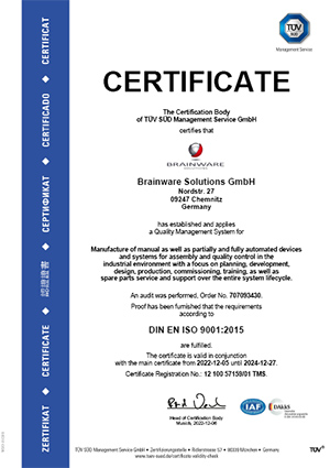 Brainware Solutions GmbH – Certified quality management system according to DIN EN ISO 9001:2015